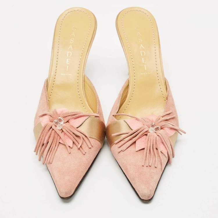 Pre Owned Casadei Pink/Gold Suede Flower Crystal Embellished Pointed Toe Mules Size 38.5