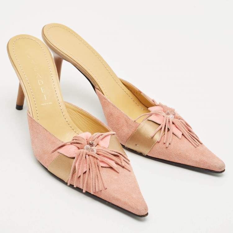 Pre Owned Casadei Pink/Gold Suede Flower Crystal Embellished Pointed Toe Mules Size 38.5