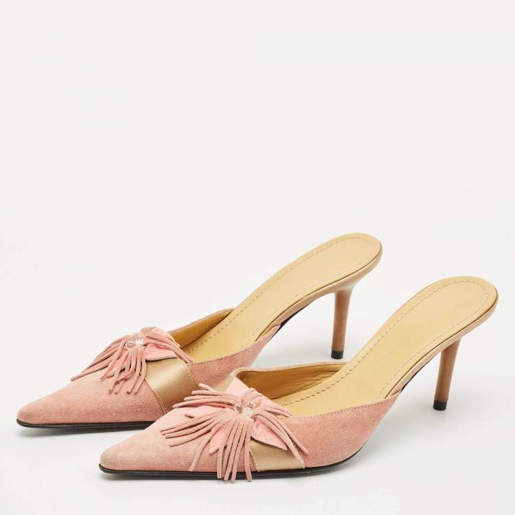 Pre Owned Casadei Pink/Gold Suede Flower Crystal Embellished Pointed Toe Mules Size 38.5