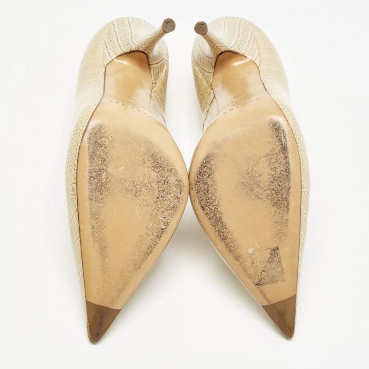 Pre Owned Casadei Beige Croc Embossed Patent Leather Pointed Toe Pumps Size 38.5