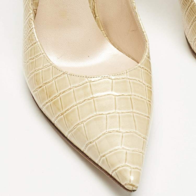 Pre Owned Casadei Beige Croc Embossed Patent Leather Pointed Toe Pumps Size 38.5