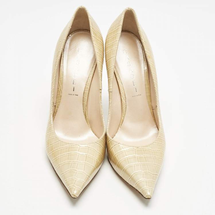 Pre Owned Casadei Beige Croc Embossed Patent Leather Pointed Toe Pumps Size 38.5