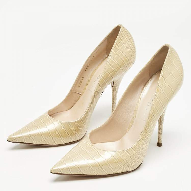 Pre Owned Casadei Beige Croc Embossed Patent Leather Pointed Toe Pumps Size 38.5