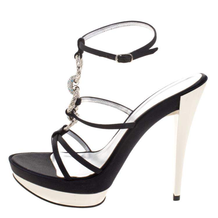 مملوكة مسبقًا Casadei Black Satin Crystal Embellished Platform Strappy Sandals Size 40
