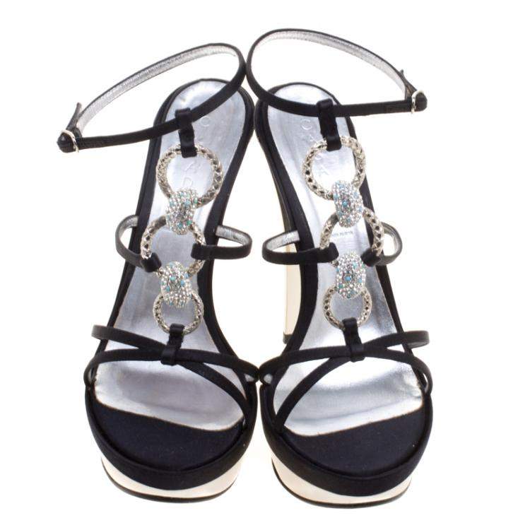 مملوكة مسبقًا Casadei Black Satin Crystal Embellished Platform Strappy Sandals Size 40