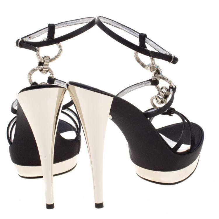 مملوكة مسبقًا Casadei Black Satin Crystal Embellished Platform Strappy Sandals Size 40