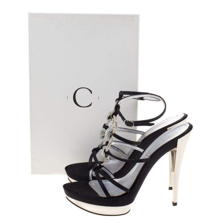 مملوكة مسبقًا Casadei Black Satin Crystal Embellished Platform Strappy Sandals Size 40