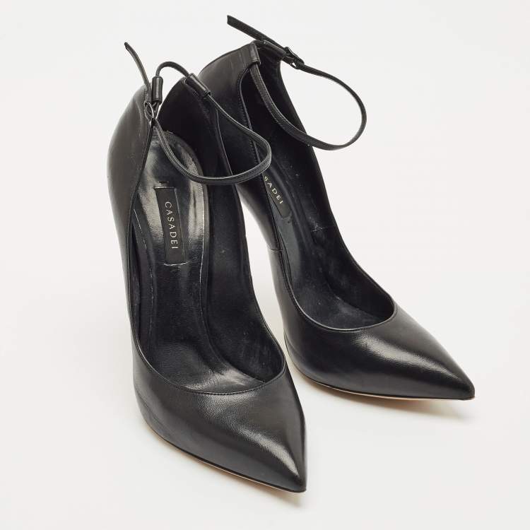 Pre Owned Casadei Black Leather Ankle Strap Pumps Size 40