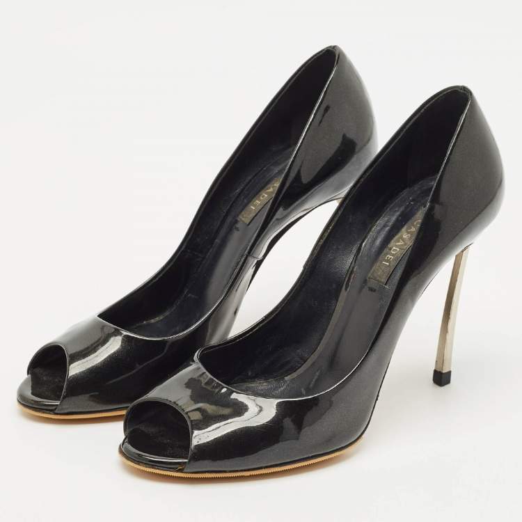 Pre Owned Casadei Black Patent Leather Peep Toe Pumps Size 37.5