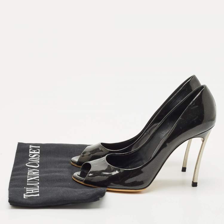 Pre Owned Casadei Black Patent Leather Peep Toe Pumps Size 37.5