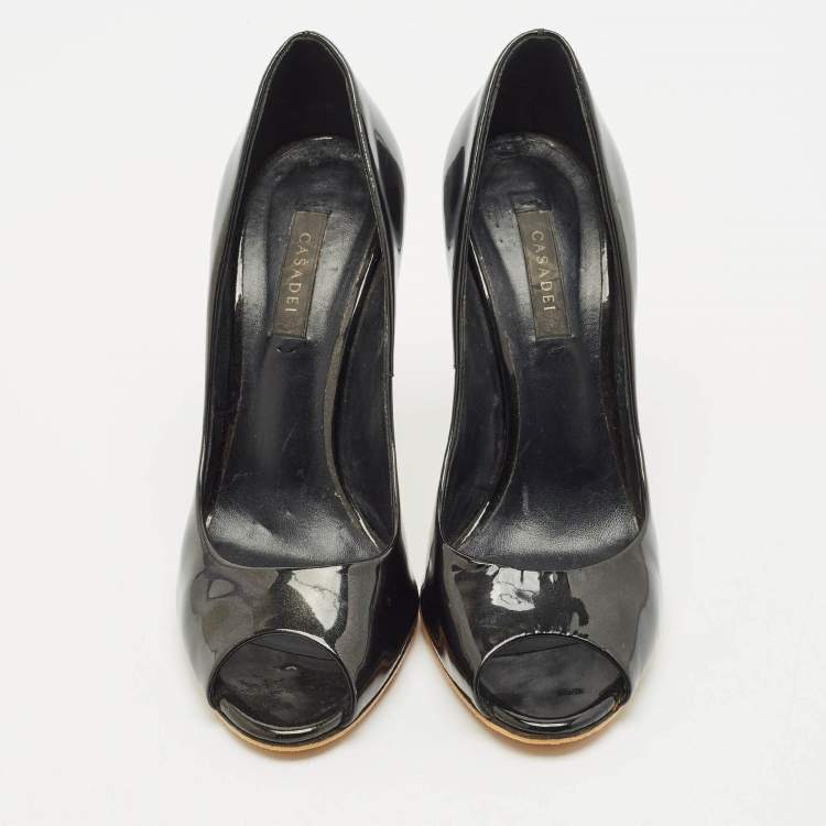 Pre Owned Casadei Black Patent Leather Peep Toe Pumps Size 37.5
