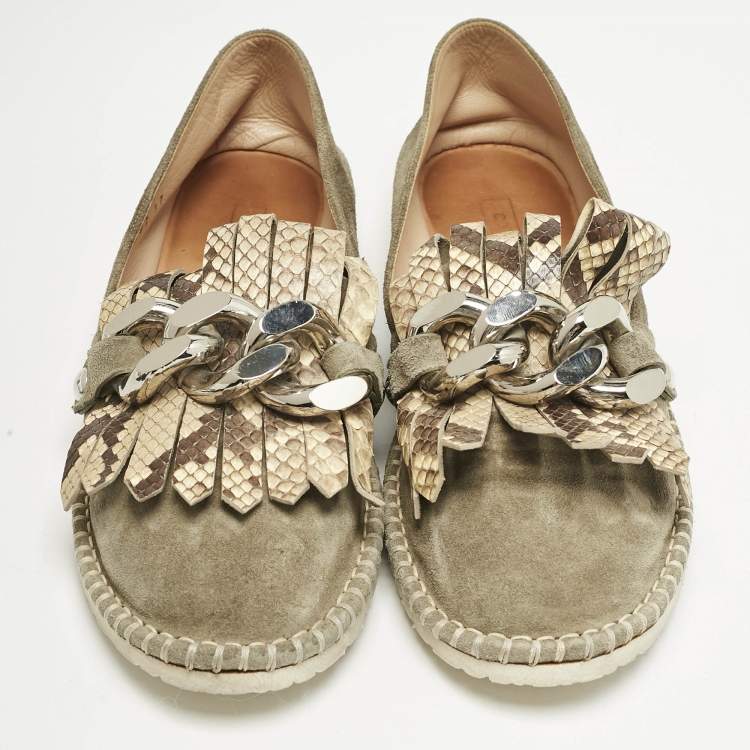 Pre Owned Casadei Grey Python Embossed Leather and Suede Chain Smoking Slippers Size 37