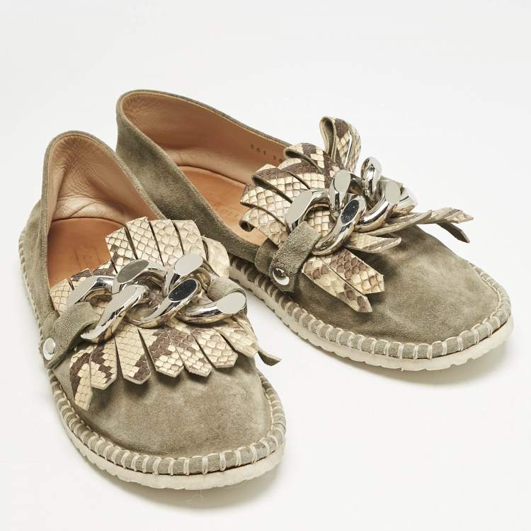 Pre Owned Casadei Grey Python Embossed Leather and Suede Chain Smoking Slippers Size 37