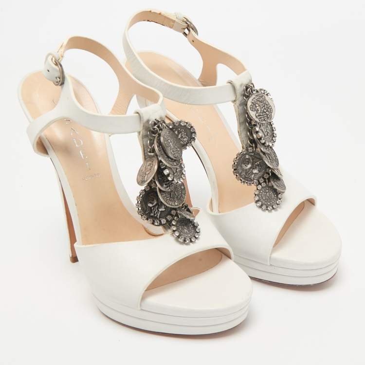 Pre Owned Casadei White Leather Embellished T-Strap Sandals Size 39
