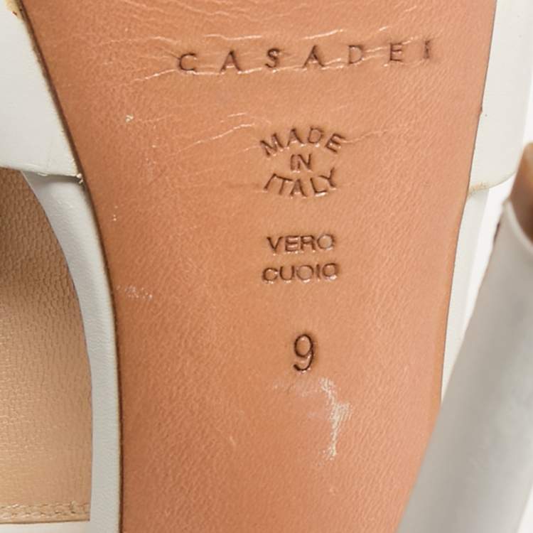Pre Owned Casadei White Leather Embellished T-Strap Sandals Size 39