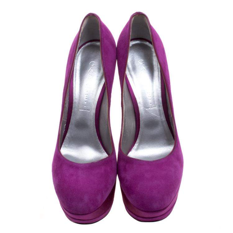Pre Owned Casadei Purple Suede And Satin Triple Platform Pumps Size 41