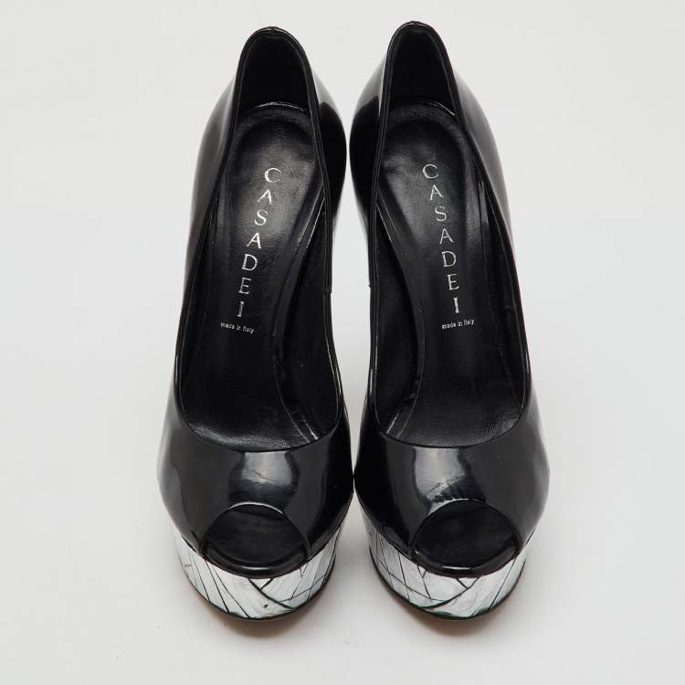 Pre Owned Casadei Black Patent Leather Mosaic Mirror Heel Peep Toe Platform Pumps Size 36