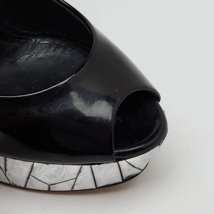 Pre Owned Casadei Black Patent Leather Mosaic Mirror Heel Peep Toe Platform Pumps Size 36