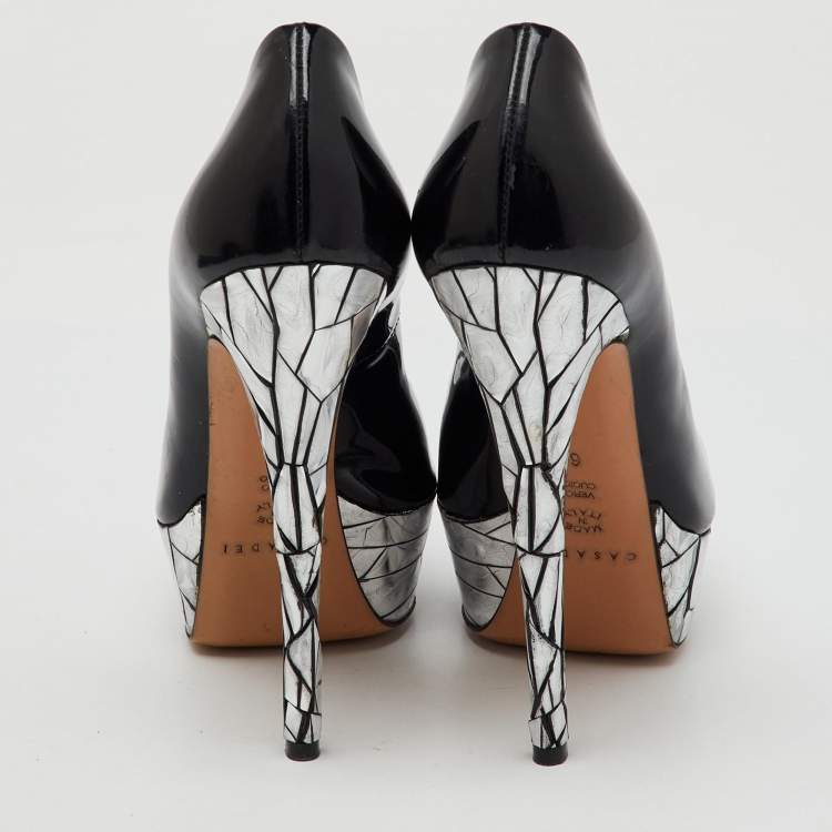 Pre Owned Casadei Black Patent Leather Mosaic Mirror Heel Peep Toe Platform Pumps Size 36