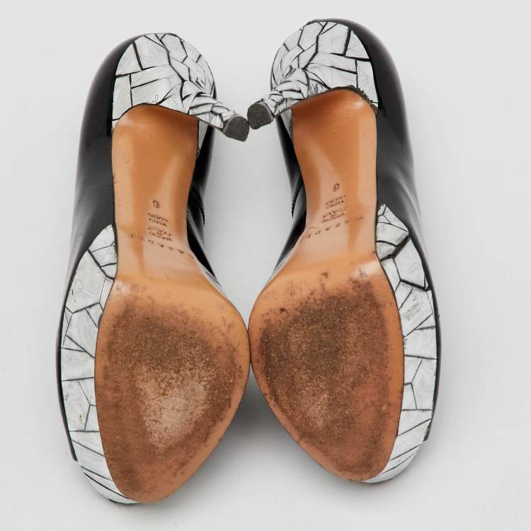 Pre Owned Casadei Black Patent Leather Mosaic Mirror Heel Peep Toe Platform Pumps Size 36