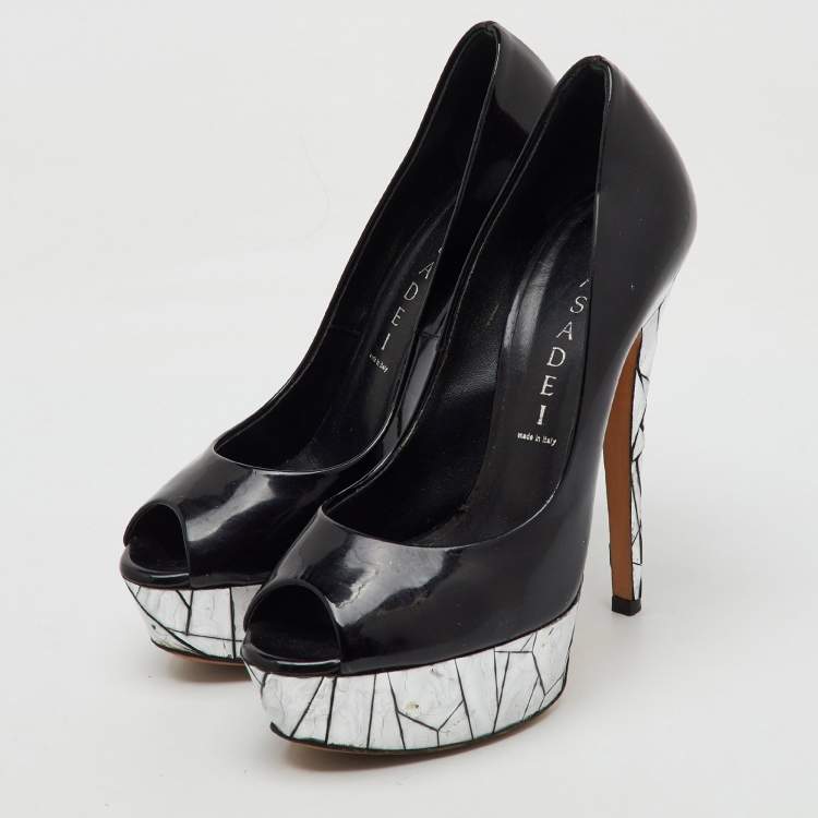 Pre Owned Casadei Black Patent Leather Mosaic Mirror Heel Peep Toe Platform Pumps Size 36