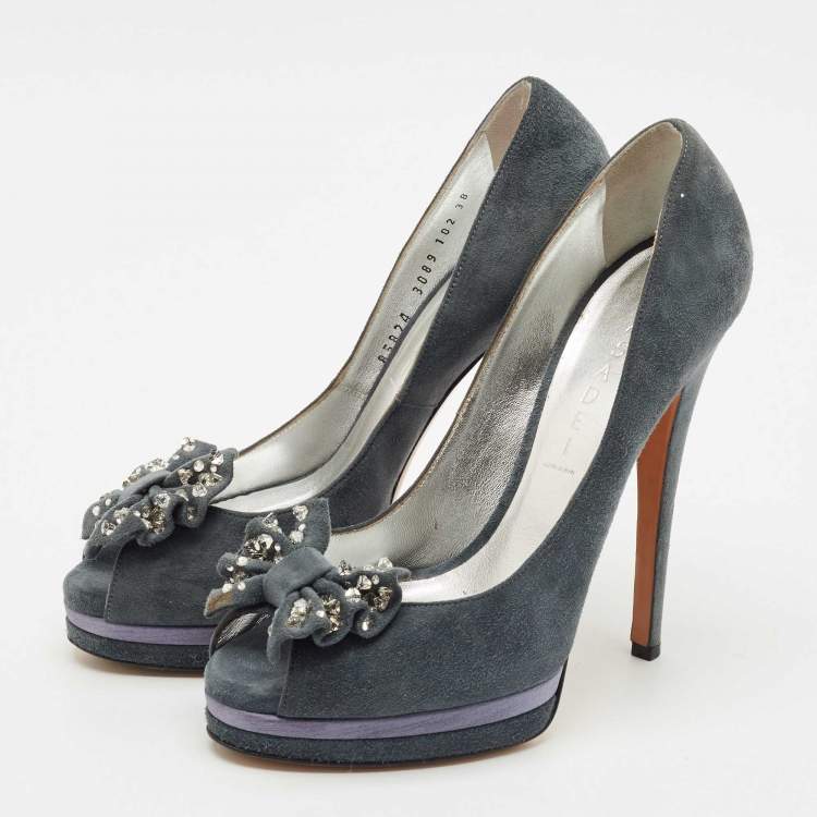 Pre Owned Casadei Grey Suede Crystal Embellished Bow Peep Toe Pumps Size 38