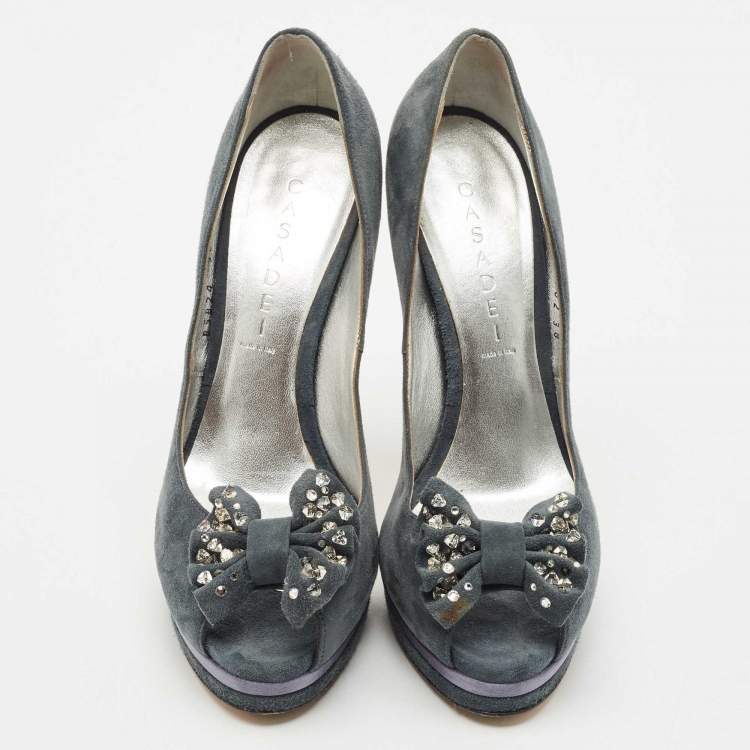 Pre Owned Casadei Grey Suede Crystal Embellished Bow Peep Toe Pumps Size 38