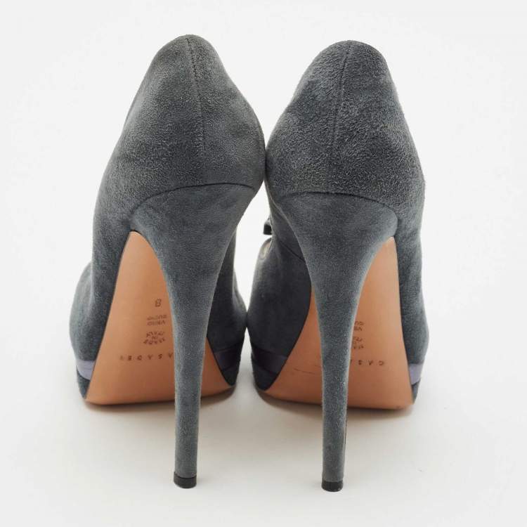 Pre Owned Casadei Grey Suede Crystal Embellished Bow Peep Toe Pumps Size 38