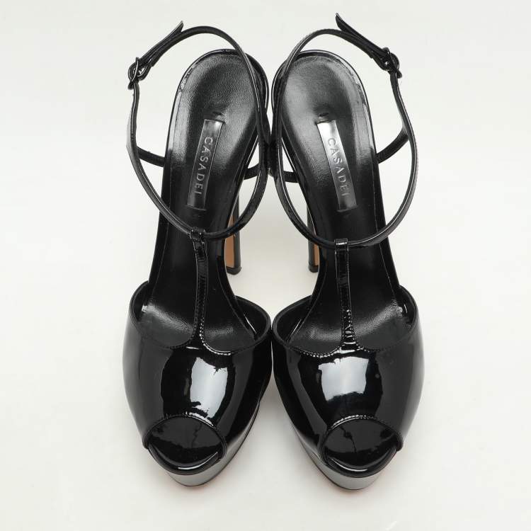 Pre Owned Casadei Black Patent Leather Peep Toe Platform Ankle Strap Sandals Size 38.5