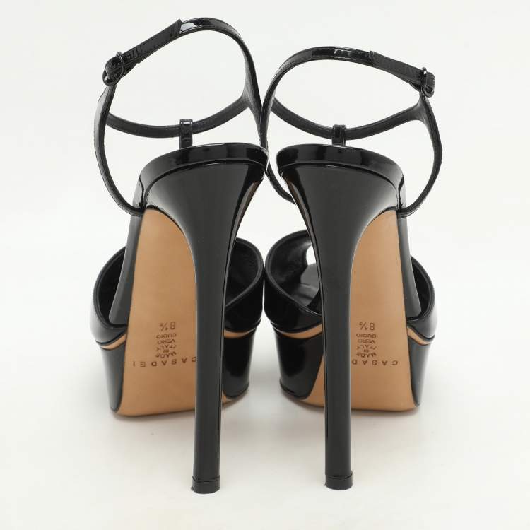 Pre Owned Casadei Black Patent Leather Peep Toe Platform Ankle Strap Sandals Size 38.5