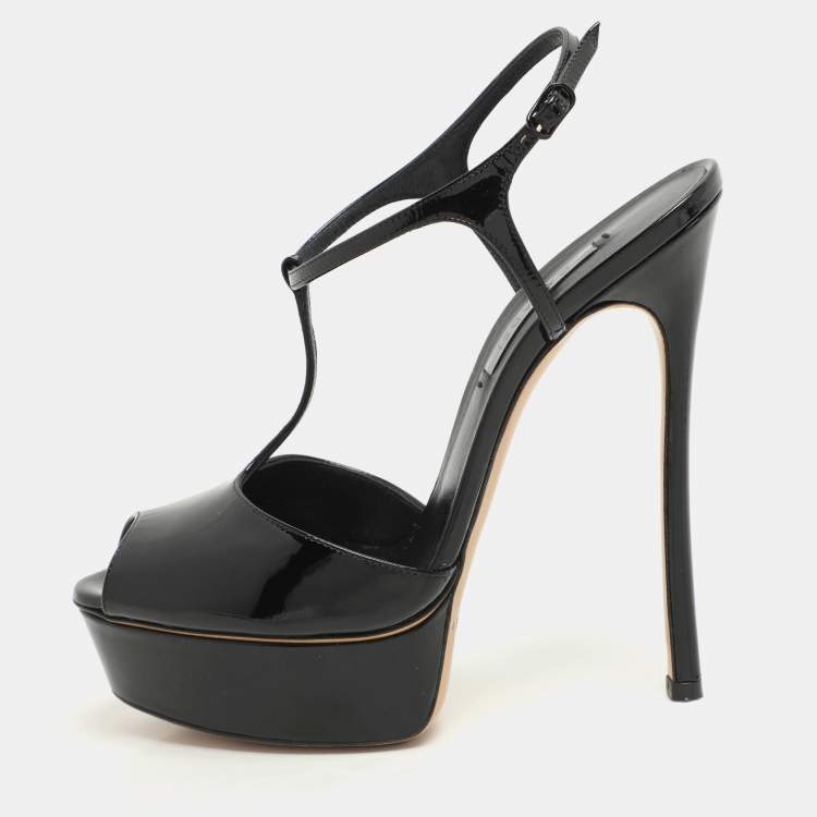 Pre Owned Casadei Black Patent Leather Peep Toe Platform Ankle Strap Sandals Size 38.5