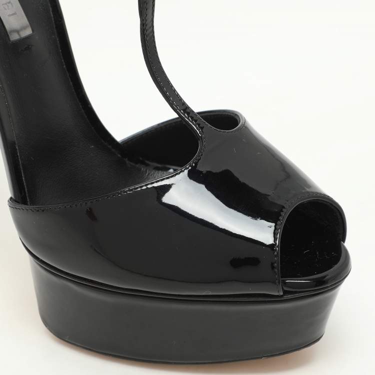 Pre Owned Casadei Black Patent Leather Peep Toe Platform Ankle Strap Sandals Size 38.5