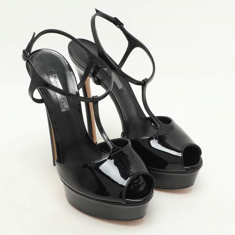 Pre Owned Casadei Black Patent Leather Peep Toe Platform Ankle Strap Sandals Size 38.5