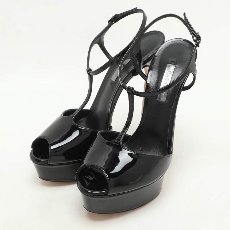 Pre Owned Casadei Black Patent Leather Peep Toe Platform Ankle Strap Sandals Size 38.5