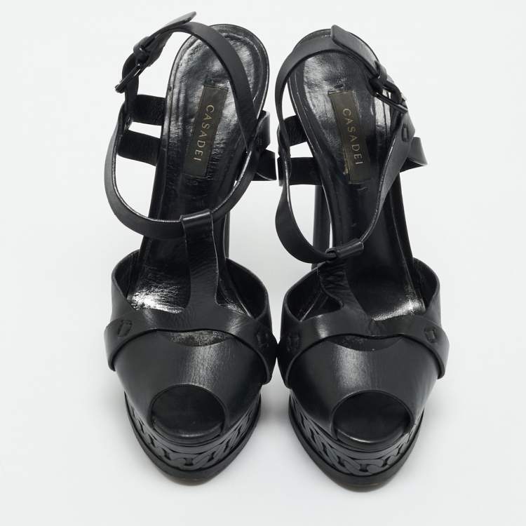 Pre Owned Casadei Black Leather Peep Toe Platform Ankle Strap Sandals Size 37.5