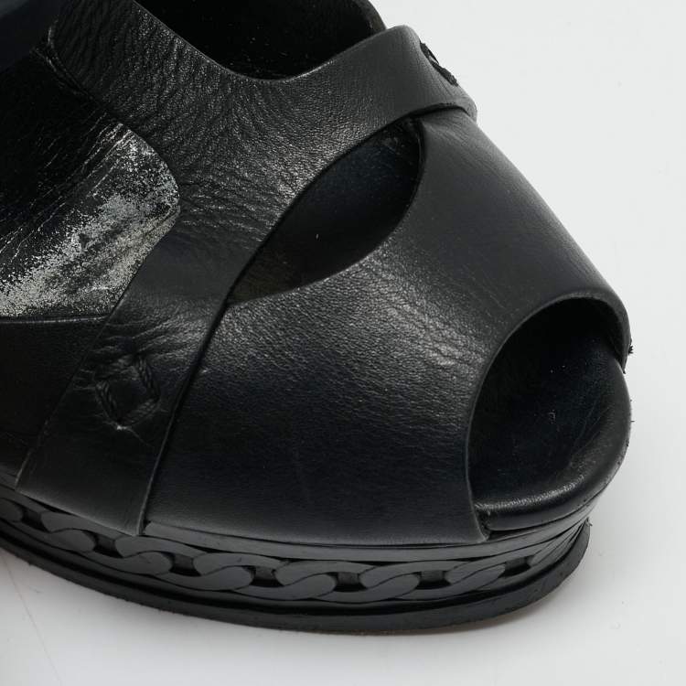 Pre Owned Casadei Black Leather Peep Toe Platform Ankle Strap Sandals Size 37.5