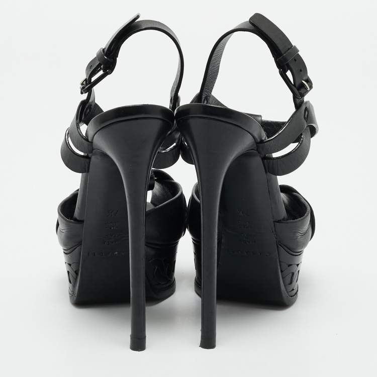 Pre Owned Casadei Black Leather Peep Toe Platform Ankle Strap Sandals Size 37.5