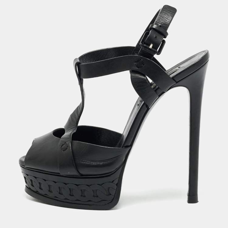Pre Owned Casadei Black Leather Peep Toe Platform Ankle Strap Sandals Size 37.5