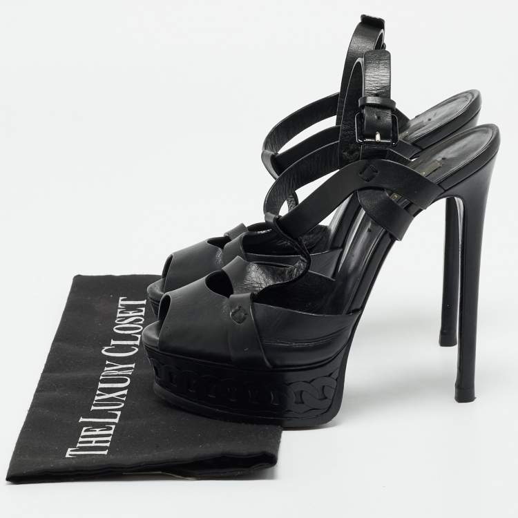Pre Owned Casadei Black Leather Peep Toe Platform Ankle Strap Sandals Size 37.5