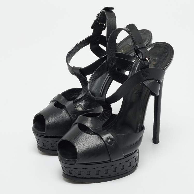 Pre Owned Casadei Black Leather Peep Toe Platform Ankle Strap Sandals Size 37.5