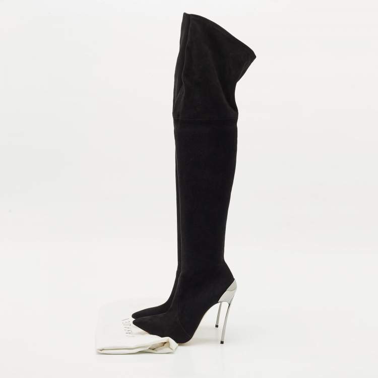 Pre Owned Casadei Black Suede Blade Over The Knee Boots Size 37.5