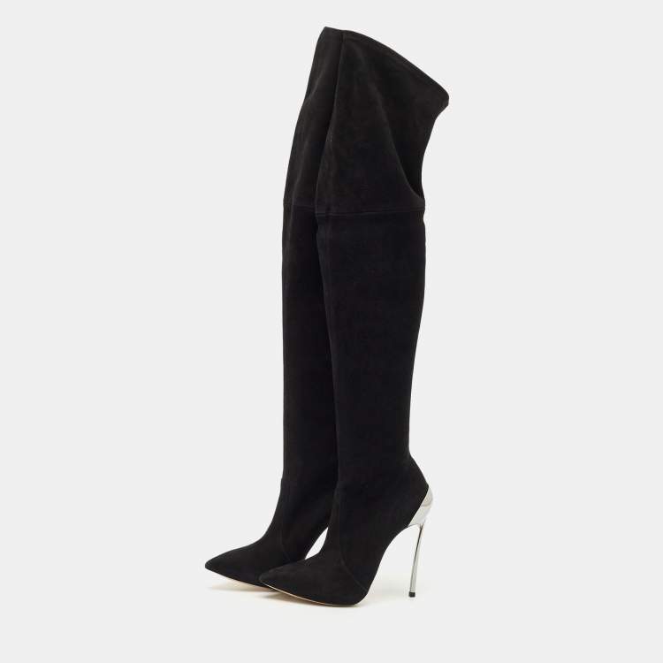 Pre Owned Casadei Black Suede Blade Over The Knee Boots Size 37.5