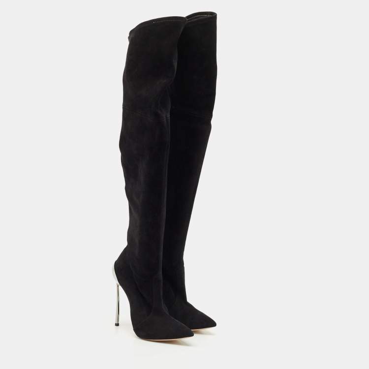 Pre Owned Casadei Black Suede Blade Over The Knee Boots Size 37.5
