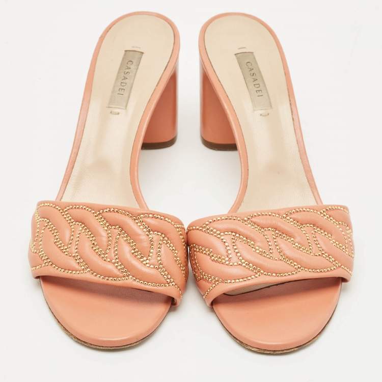 Pre Owned Casadei Peach Pink Leather Block Heel Studded Slide Sandals Size 41