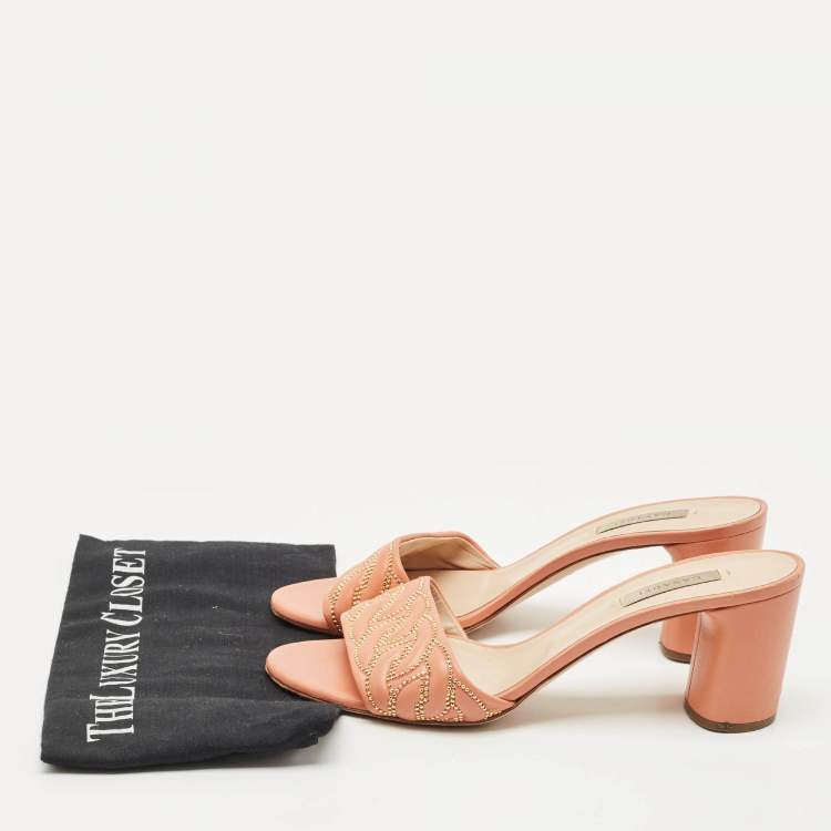 Pre Owned Casadei Peach Pink Leather Block Heel Studded Slide Sandals Size 41