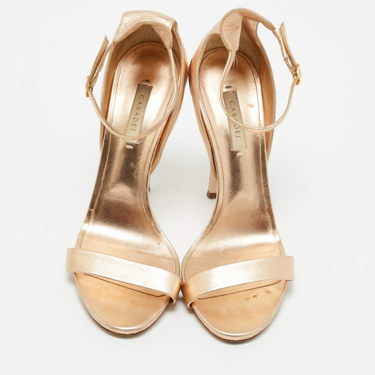 Pre Owned Casadei Metallic Rose Gold Leather Blade Ankle Strap Sandals Size 41