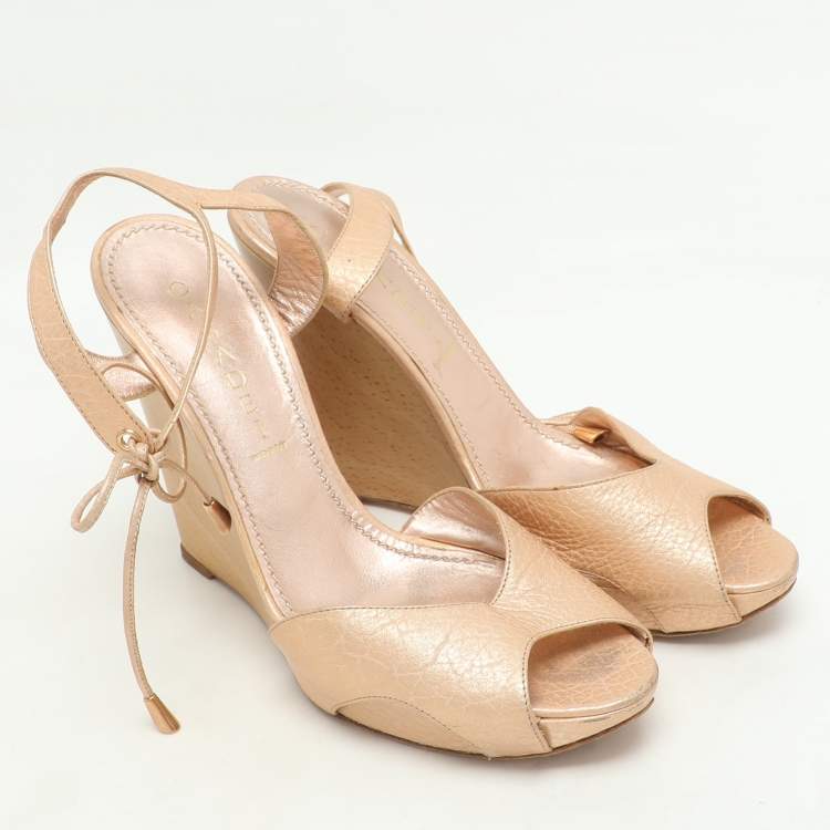 Pre Owned Casadei Metallic Leather Wedge Ankle Strap Sandals Size 39
