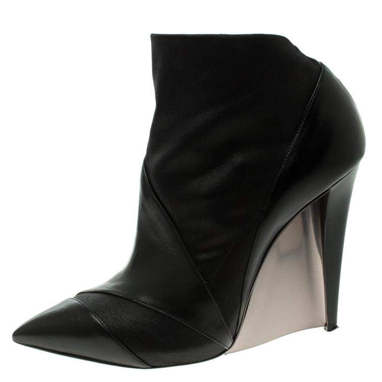 Pre Owned Casadei Black Leather Accent Heel Pointed Toe Ankle Boots Size 39.5