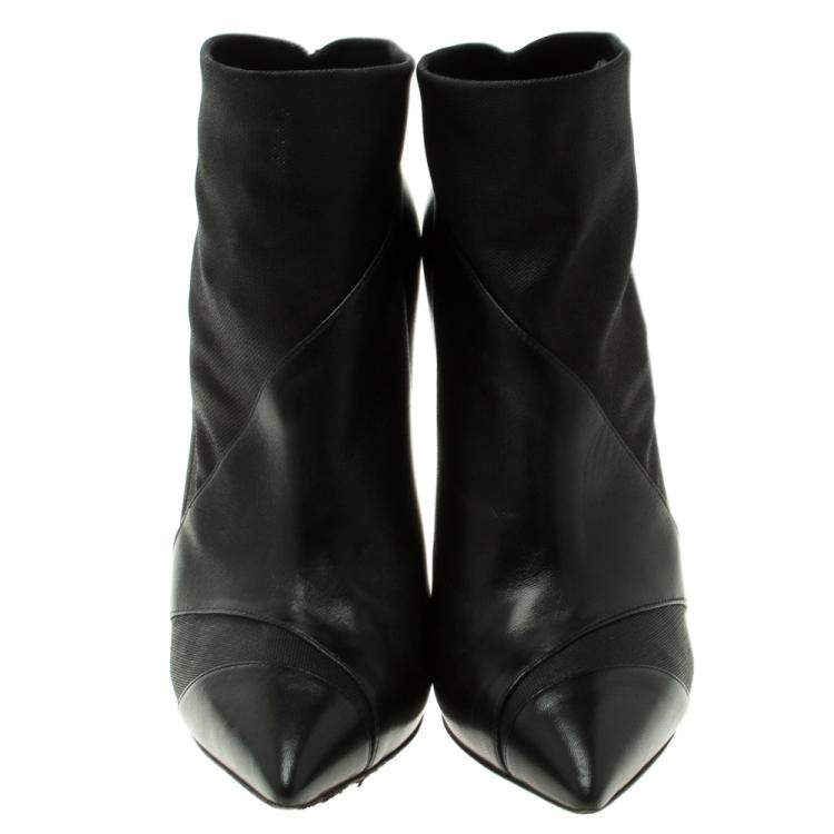 Pre Owned Casadei Black Leather Accent Heel Pointed Toe Ankle Boots Size 39.5