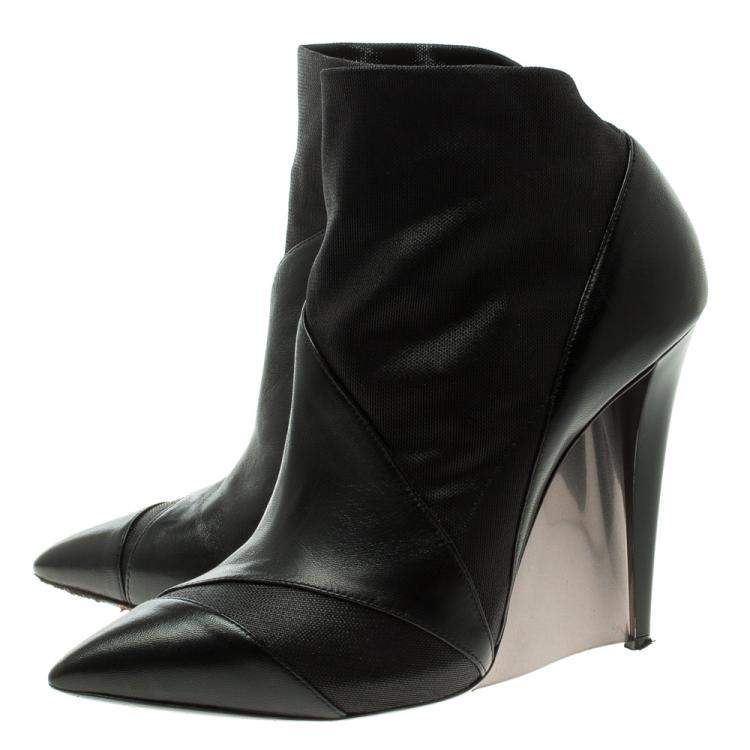 Pre Owned Casadei Black Leather Accent Heel Pointed Toe Ankle Boots Size 39.5